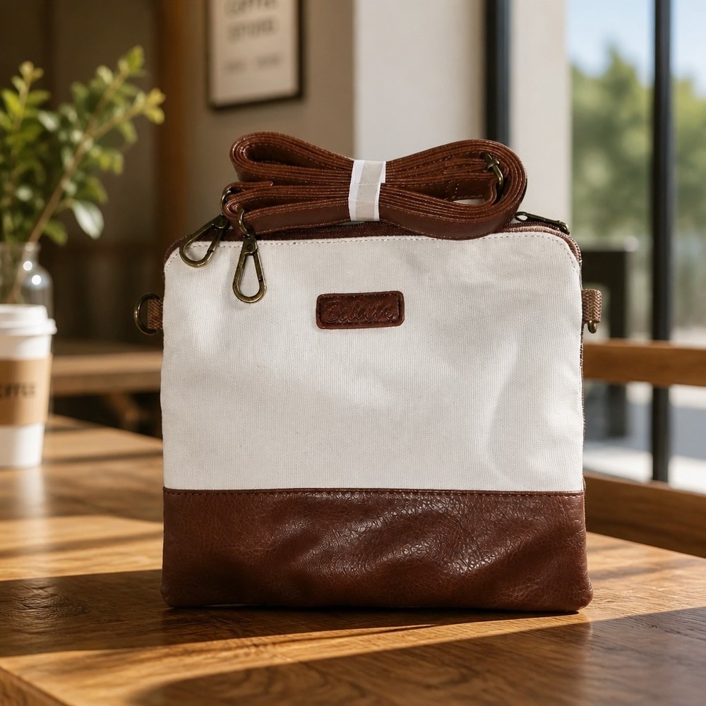 Balasta Ivory Canvas Brown Faux Leather Shoulder Bag Adjustable Strap NEW